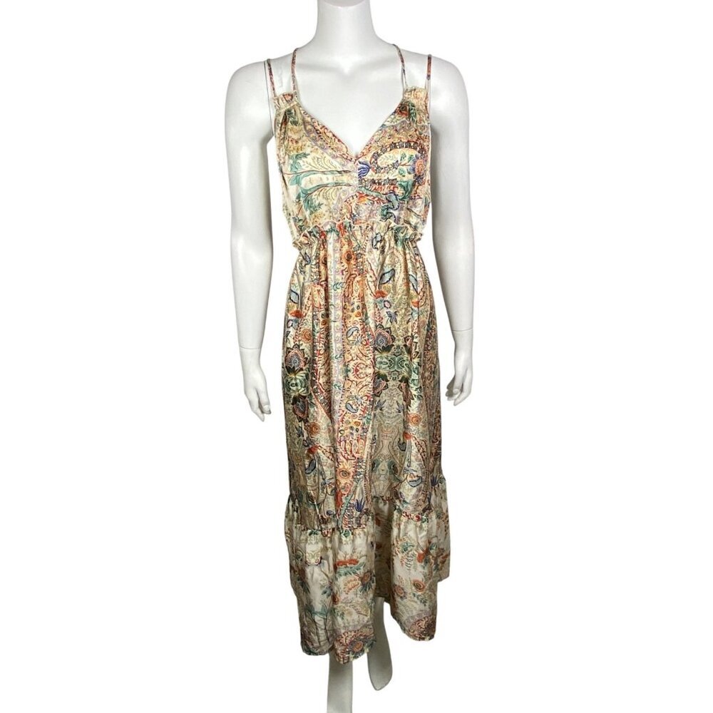 Cider Retro Print Maxi Ruffle Dress Womens Size L Spaghetti Straps V Neck